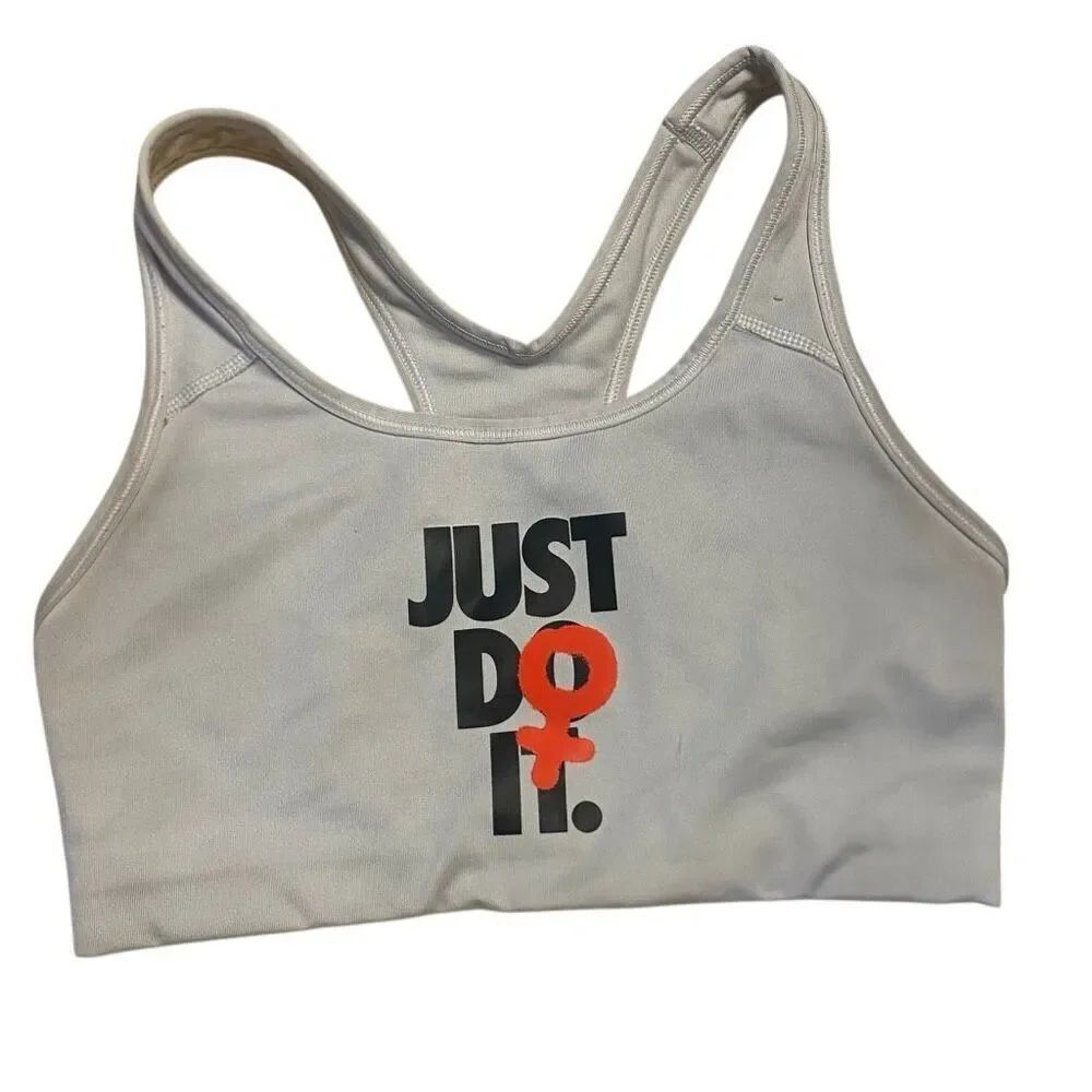 Nike Dri fit Just do it small sports bra white black orange